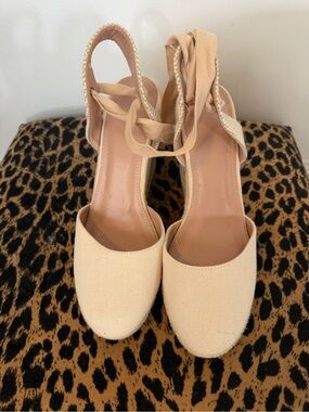Neutral Canvas Espadrille Wedge Sandals with Ankle Tie